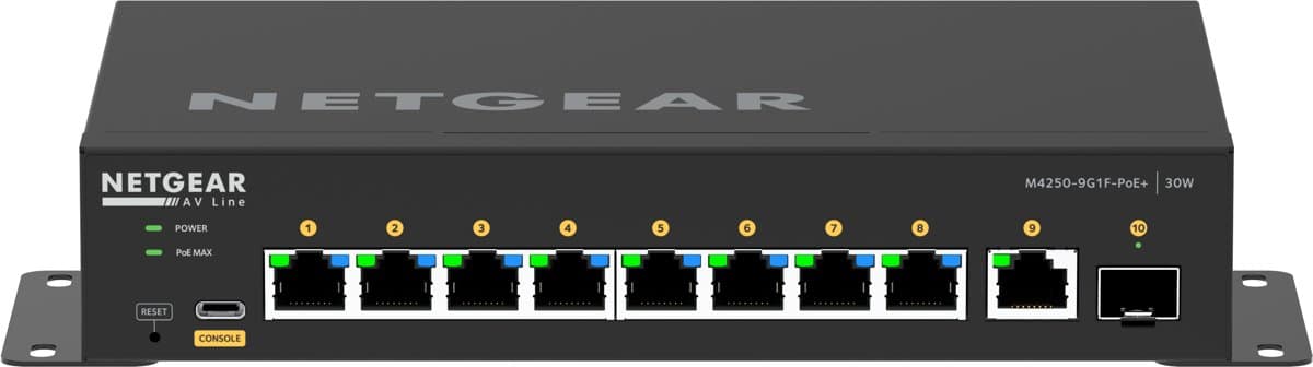 Netgear M4250-9G1F-POE+ AV Switch, 8 × 1G PoE+, 110W Power, 24 Gbps