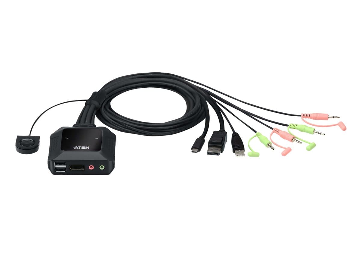 ATEN CS52DP 2-Port USB-C DisplayPort KVM, 4K, 1.2m Cable, USB Powered