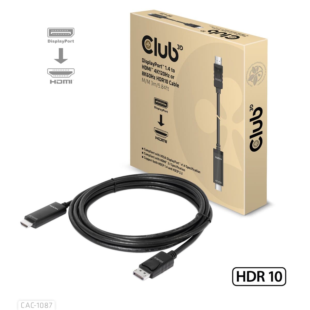 Club DP1.4 To HDMI 4K120HZ/8K60HZ HDR10 Cable M/M 3M/9.8ft - HDMI 2.1