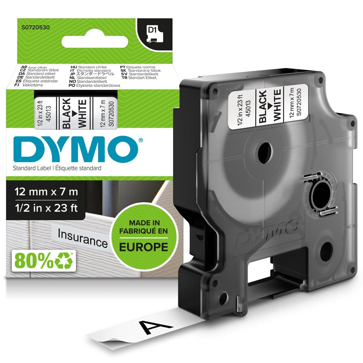Dymo D1 Label Tape, 12 mm × 7 m, Black on White, Polyester