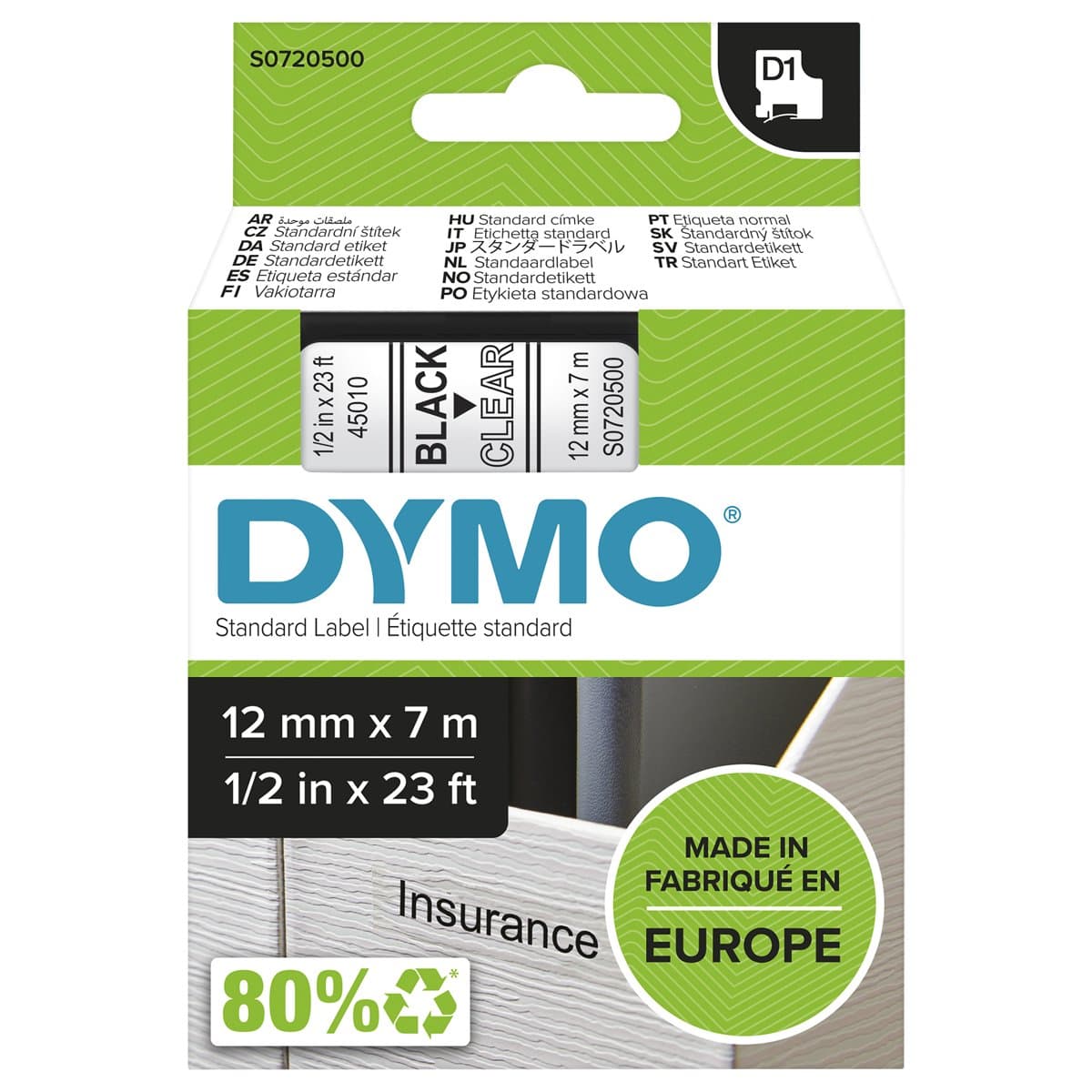 Dymo 45010 D1 Label Tape, Black on Clear, 12mm × 7m, Polyester