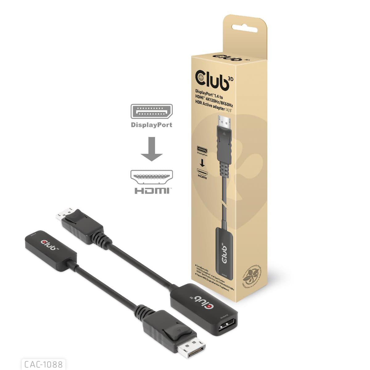 Club 3D DisplayPort 1.4 to HDMI Adapter, 8K60Hz/4K120Hz, HDR, 0.21 m