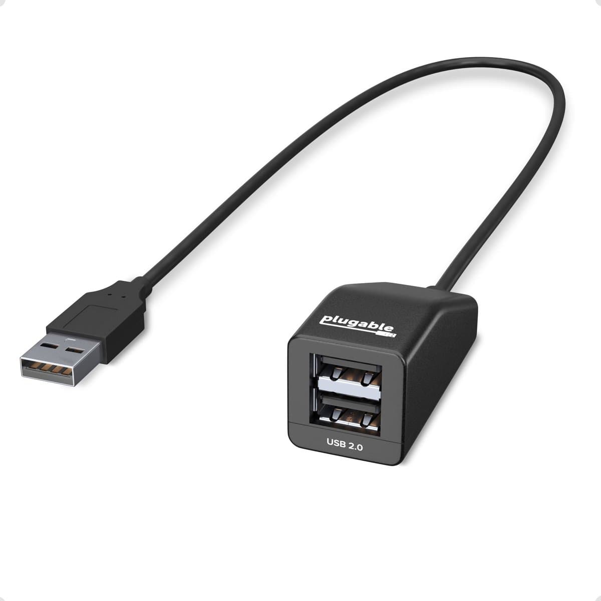 Plugable USB 2.0 2-Port Hub, 480 Mbit/s Data Rate, 0.39m Cable, Windows/Linux/macOS Compatible