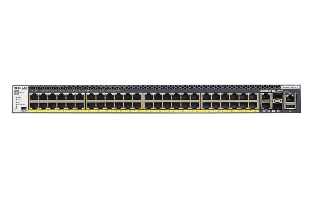 Netgear M4300-52G-PoE+ Managed Switch, 128 Gbit/s, 48× Gigabit Ethernet, PoE+, 550W