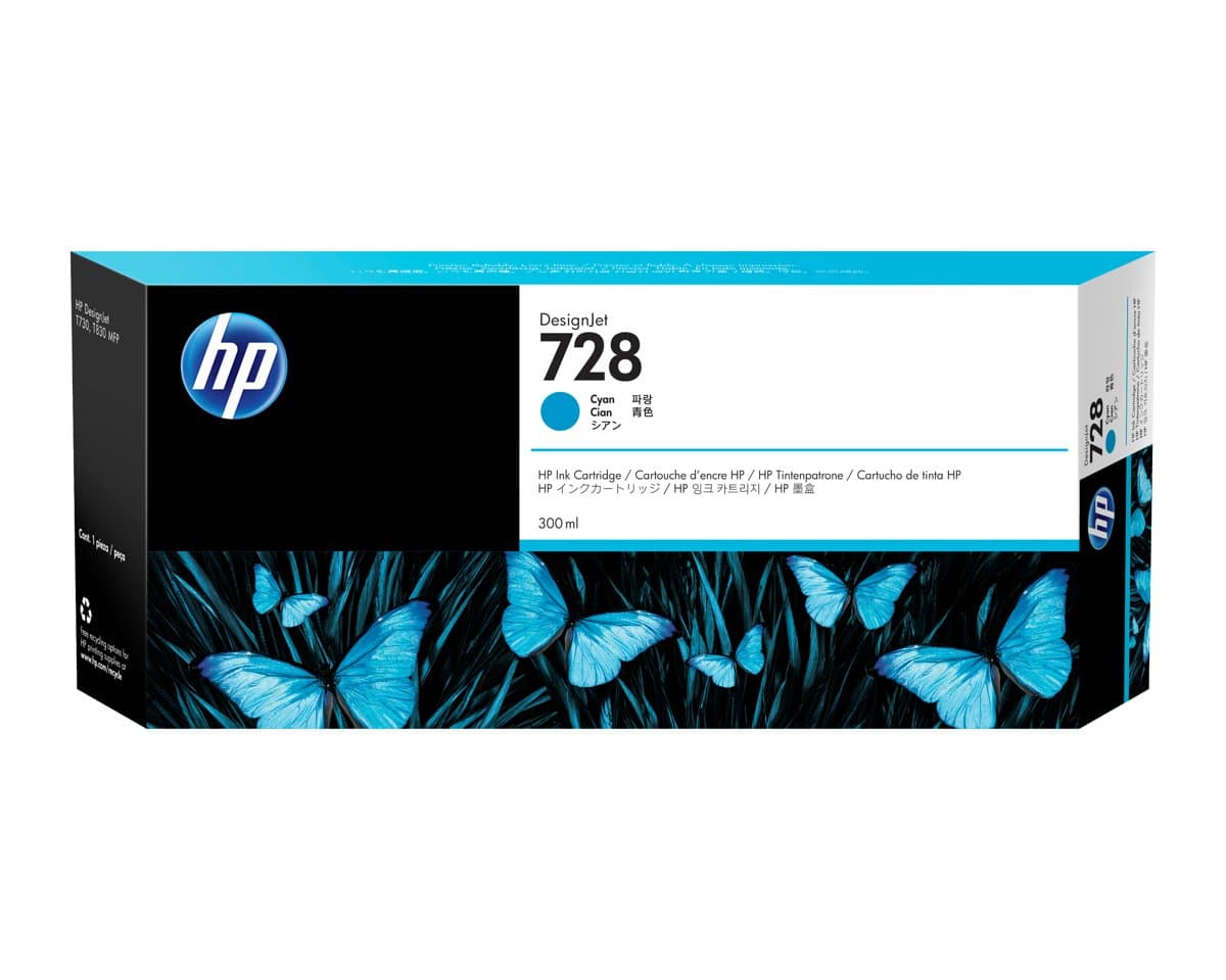 HP 728 Cyan DesignJet Ink Cartridge, 300 ml, HP T730/T830 Compatible, Thermal Inkjet