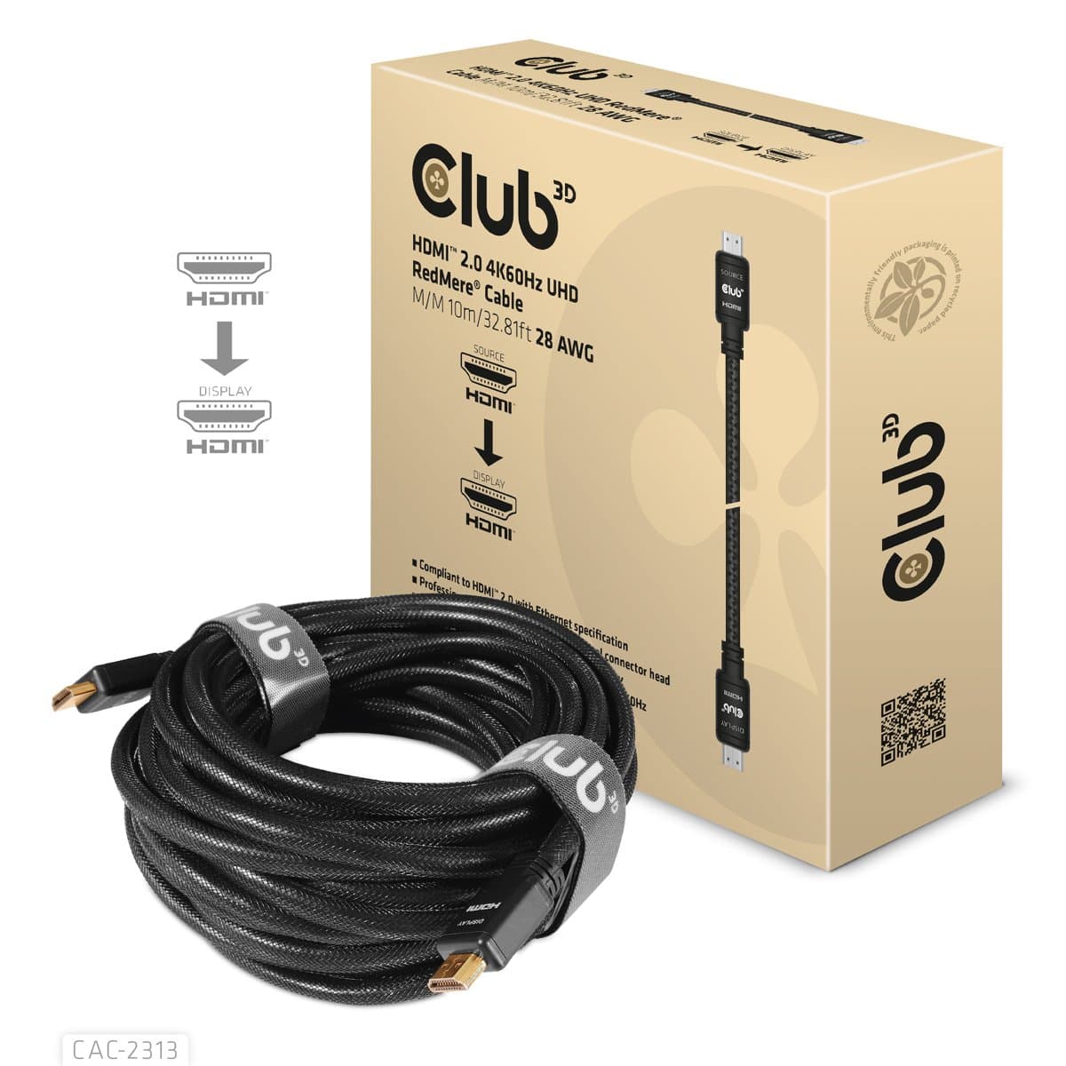 Club HDMI 2.0 4K60Hz Redmere Cable, 10m, Male-to-Male, Gold Contacts