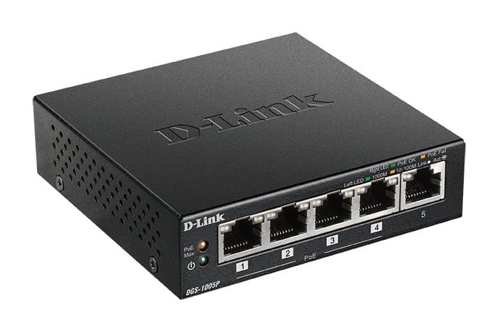 D-Link DGS-1005P, 5-Port Gigabit Desktop Switch, PoE+, 10 Gbit/s