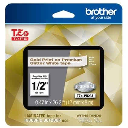 Brother TZe-PR234 Gold on Glitter White P-Touch Tape, 12mm, 8m, Premium Laminated