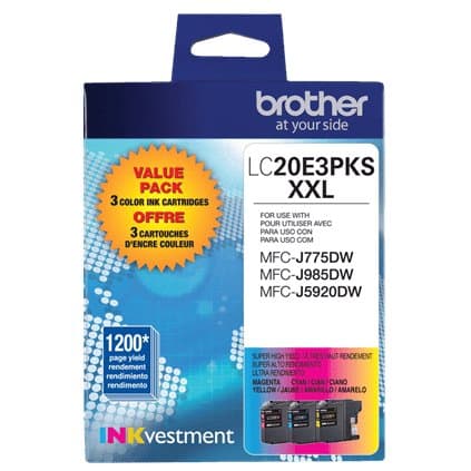 Brother LC20E3PKS XL Ink Cartridges, Cyan/Magenta/Yellow, 1200-Page, 3-Pack
