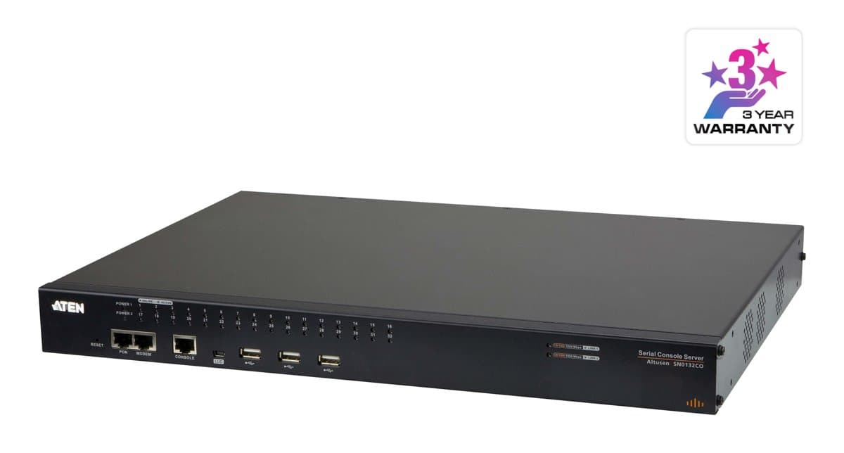 ATEN SN0132CO 32-Port Serial Console Server, Dual Power/LAN, RJ-45 Mini-USB, 36 V Input, 22.1 W