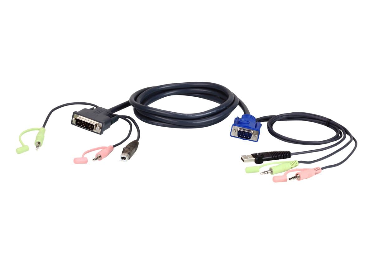 ATEN 2L-7DX2U KVM Interconnect Cable, 6 ft, VGA to DVI-I, USB, Audio