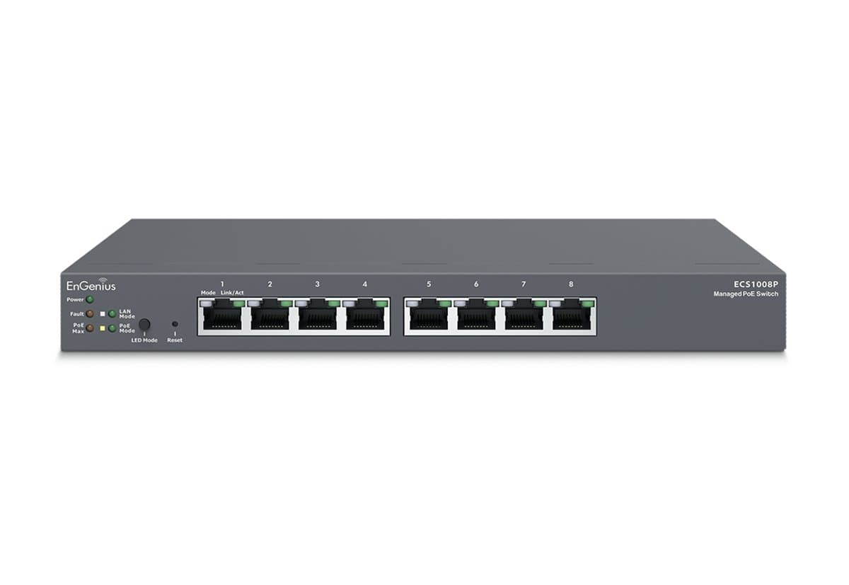 EnGenius ECS1008P Managed Switch, 8-Port GbE, 55W PoE.af, Layer 2+, 16 Gbps