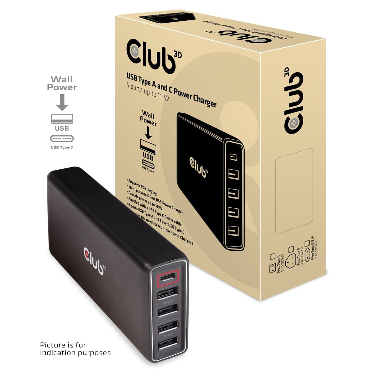 Club USB Type-C Power Charger, 111W Total Output, 1× USB-C, 4× USB-A