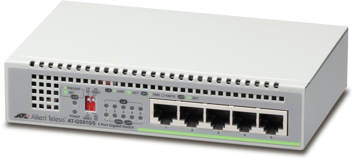 Allied Telesis GS910/5, 5-Port Gigabit Ethernet, 10 Gbit/s Switching, Unmanaged