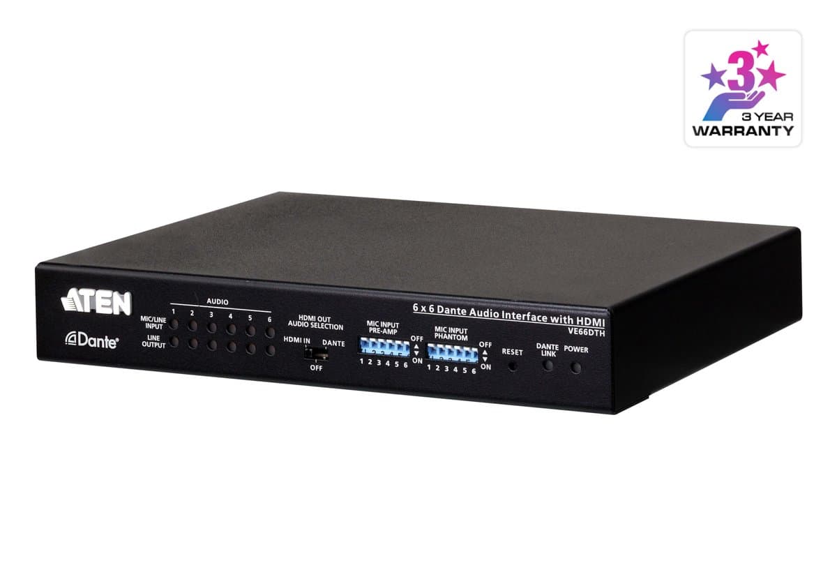 ATEN VE66DTH, 6×6 Dante Audio Interface, HDMI, PoE, 48V Phantom Power