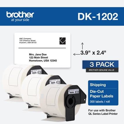 Brother DK-12023PK Shipping Labels, 2.4×3.9 inches, 300 Labels/Roll, White, 3-Pack