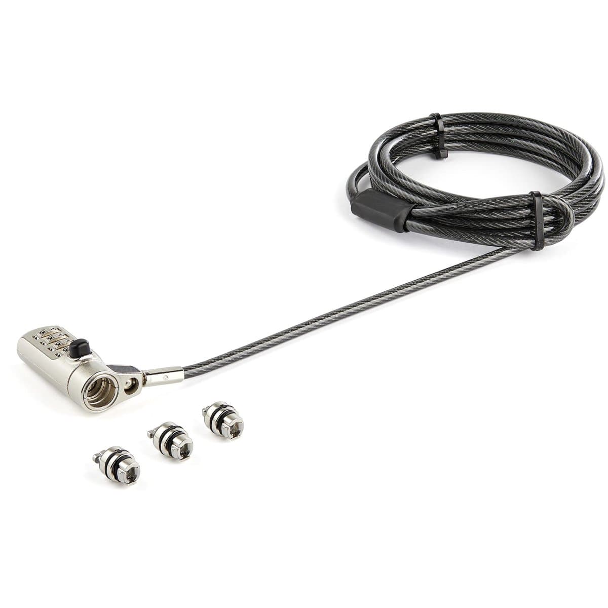 StarTech 6.5 ft 3-in-1 Universal Laptop Cable Lock, K-Slot/Nano/Wedge, 4-Digit Combo, Steel, Black/Silver