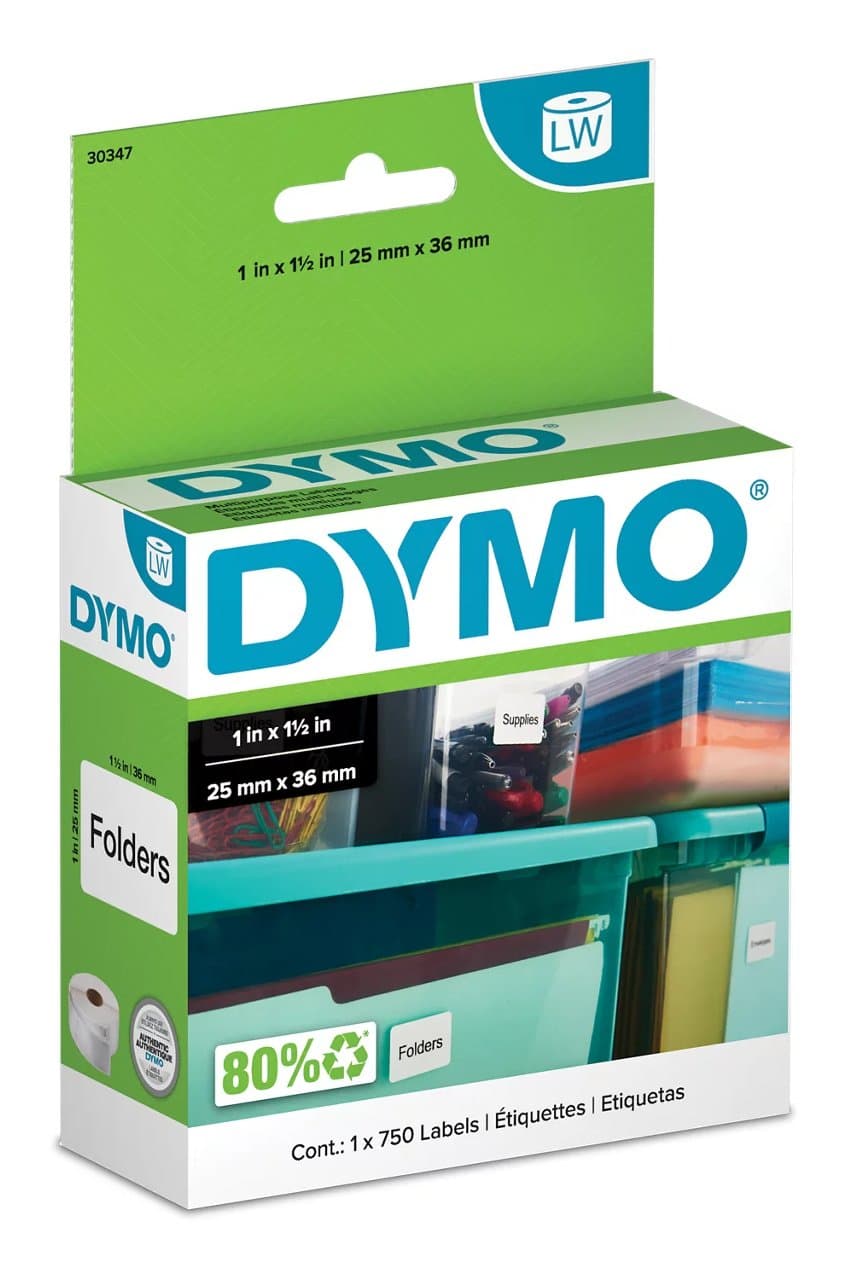Dymo 30347 White Self-Adhesive Labels, 1×1.5 in, 750/Roll, Die-cut