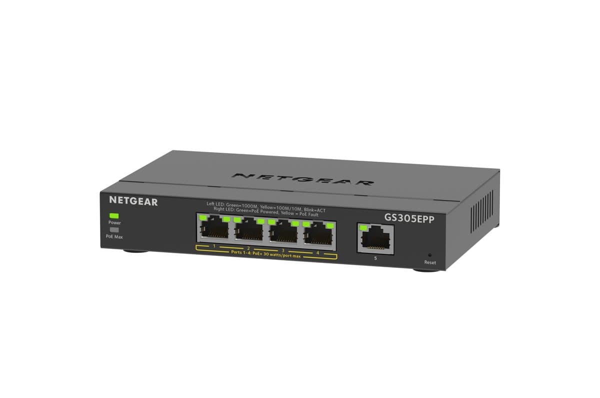 Netgear GS305EPP, 5-Port Gigabit PoE+, 120W Budget, Smart Managed