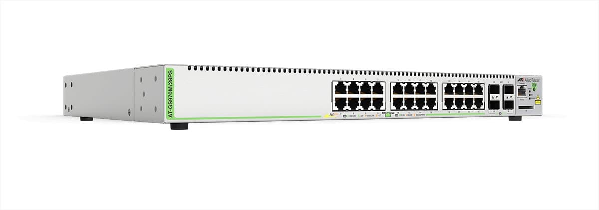 Allied Telesis GS970M/28PS Managed Gigabit Switch, 24x 10/100/1000 PoE+ ports, 4x SFP uplinks, 56 Gbit/s