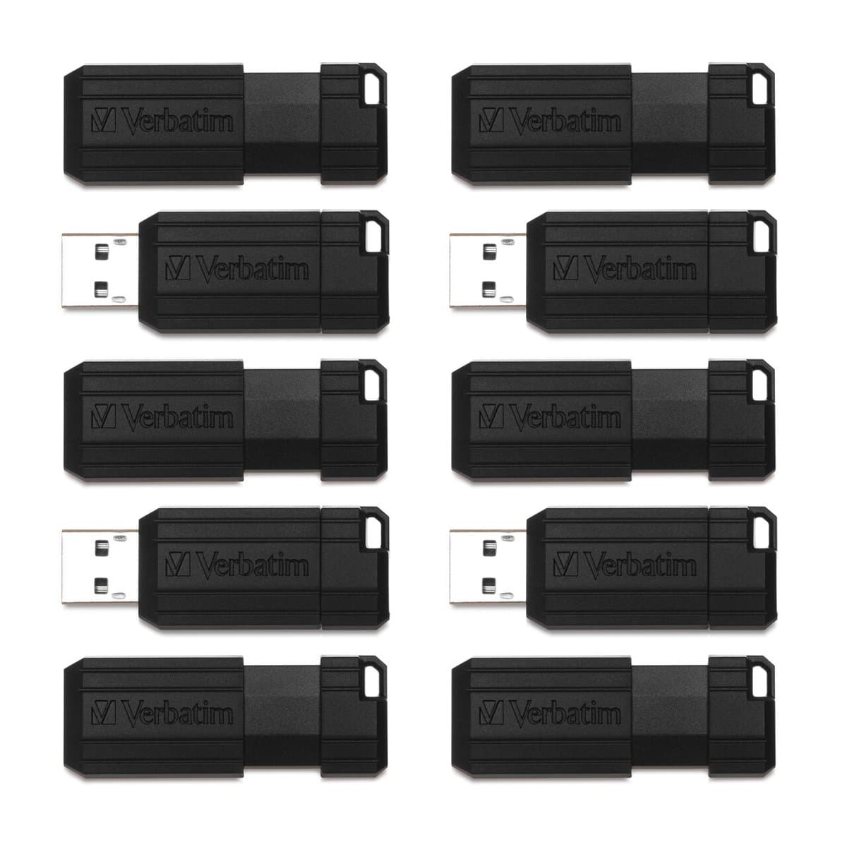 10-Pack 64GB Verbatim USB Black Pinstripe 2.0 Flash Drive-Retract