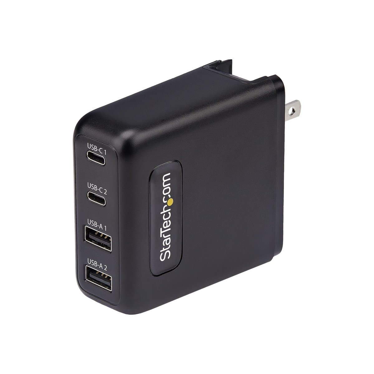 StarTech 100 W GaN USB Wall Charger, 2× USB-C PD 3.0 + 2× USB-A QC 3.0, Folding Plug, Black