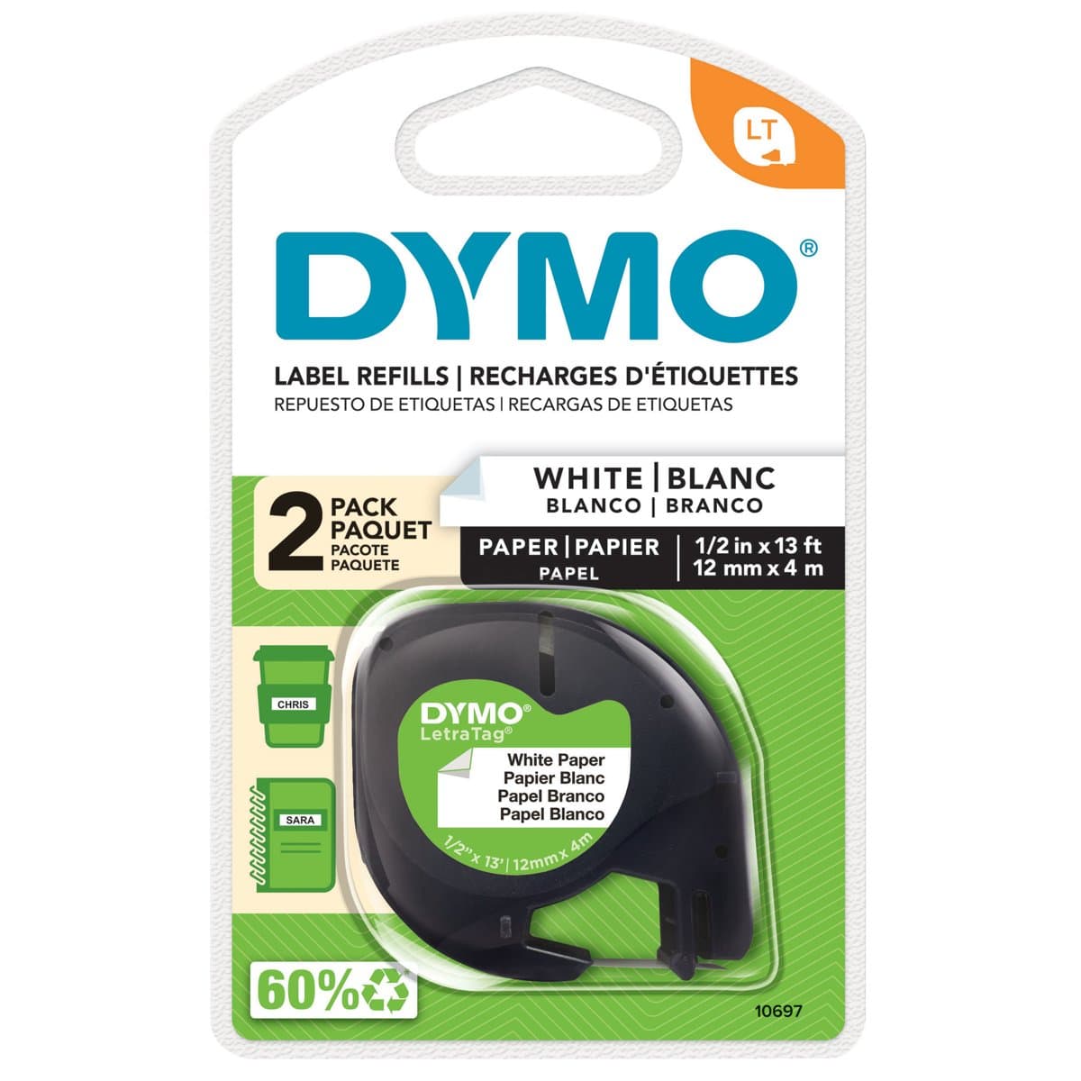 Dymo LetraTag White Paper Labels, 12 mm × 4 m, Black Print, Self-Adhesive