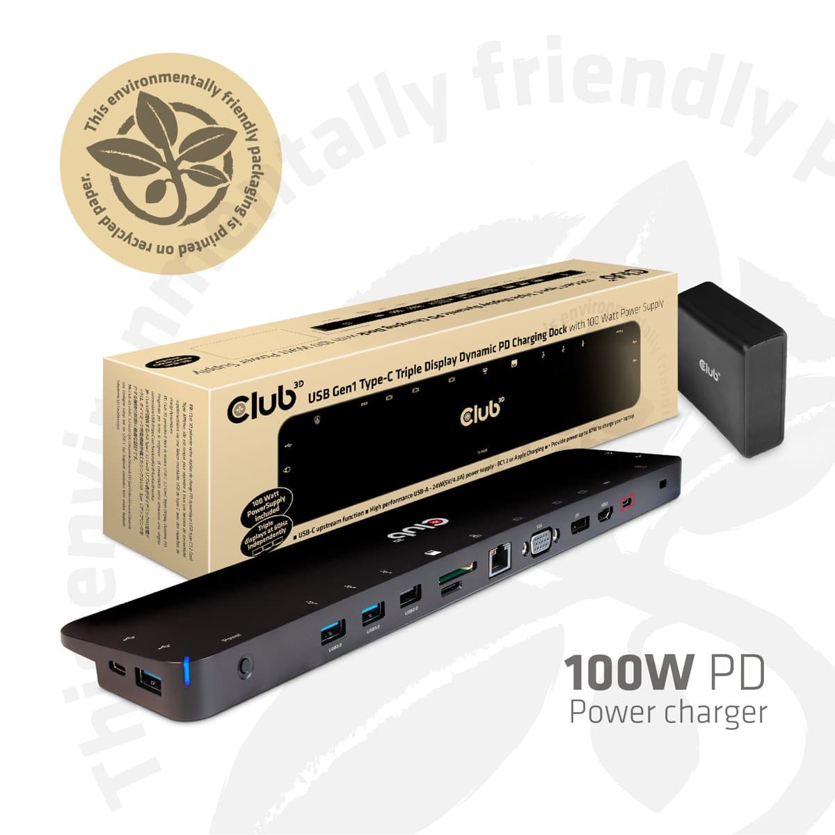 CLUB3D USB-C Triple Display Dock, 100W Power Delivery, 3.2 Gen1, Ethernet