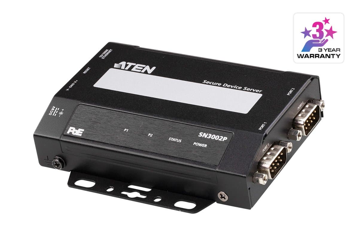 ATEN SN3002P, 2-Port RS-232 Serial Console Server, PoE, 10/100Base-T, 9–48V