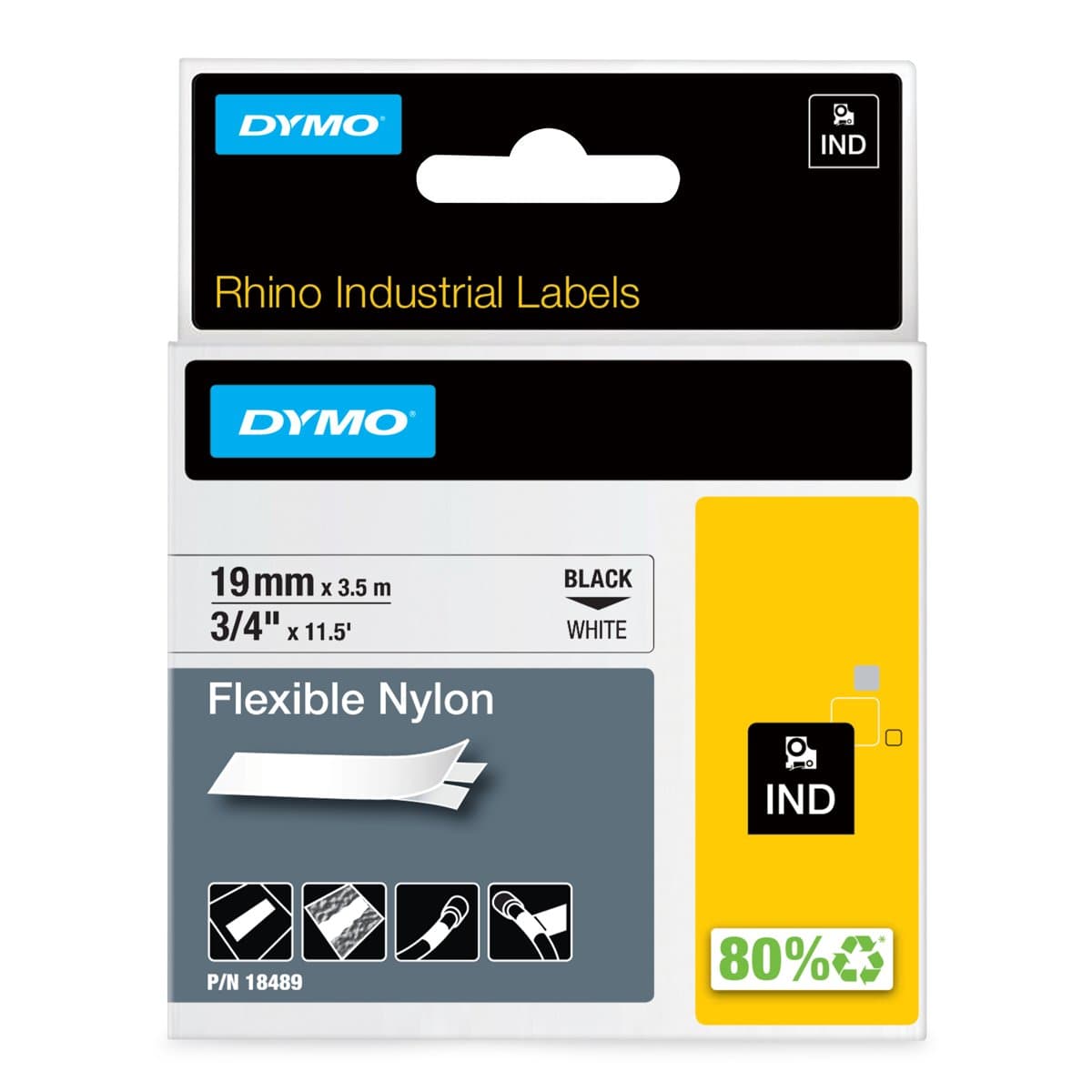Dymo Rhino Pro 3/4" Flexible Nylon Labels, 19 mm×3.5 m, Black on White