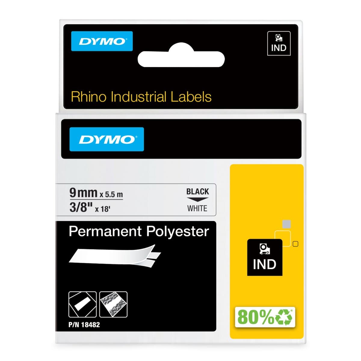 Dymo Rhino Industrial Polyester Label Tape, 9mm× 8ft, Black on White, Permanent