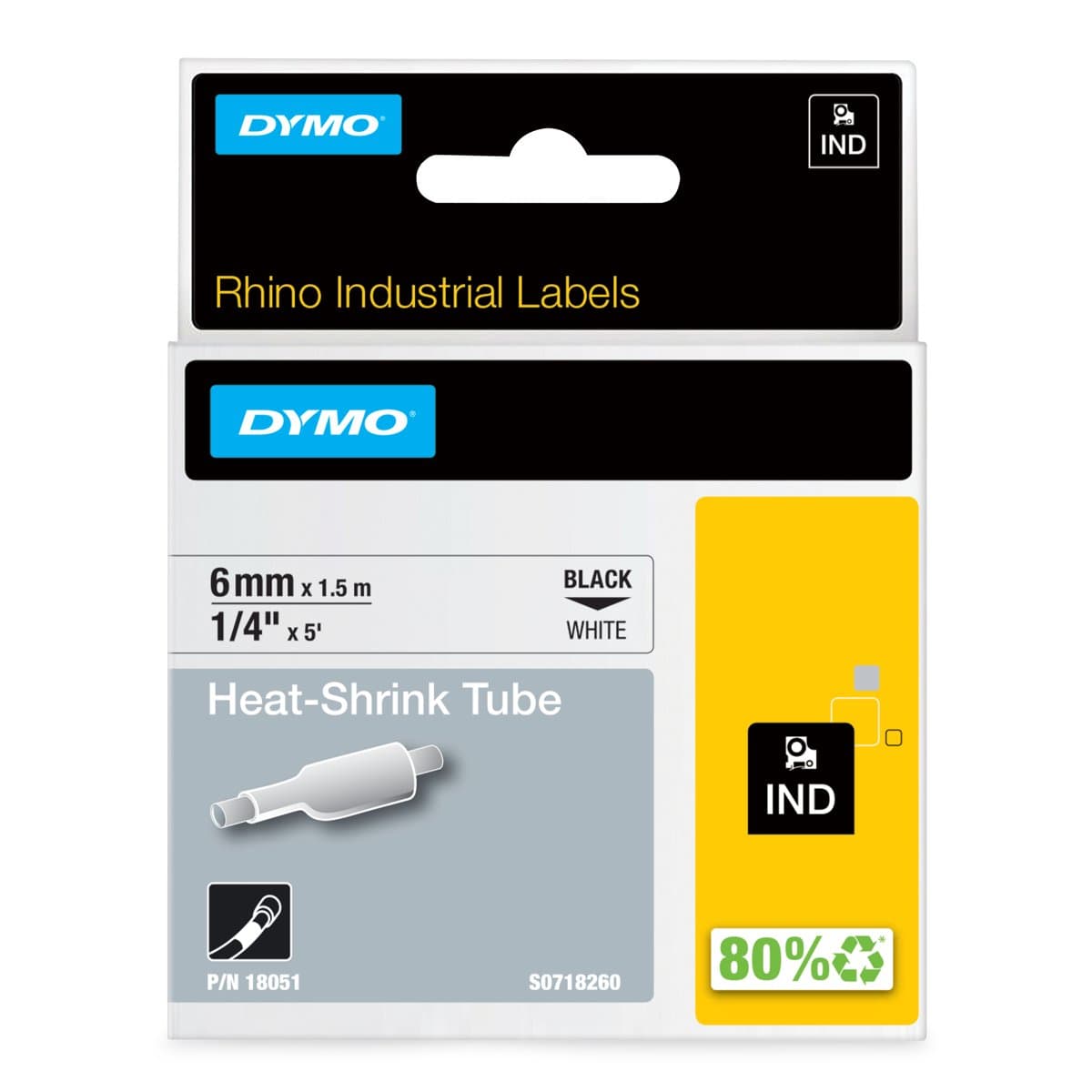 Dymo Rhino Pro Heat-Shrink Cable Tubes, 6mm × 1.5m, Black on White, 3:1 Shrink Ratio