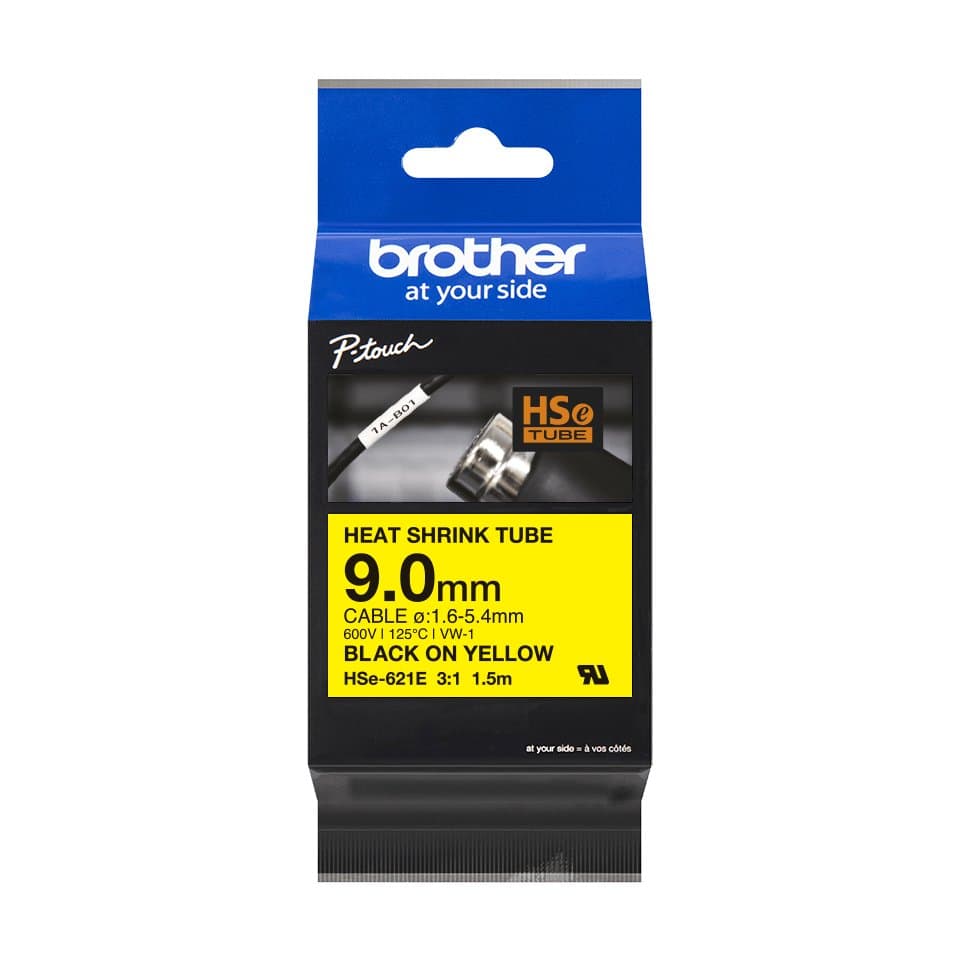 Brother 0.35in X4.9ft 8.9mm X1.5m 3:1 Heat Shrink Tube Blk On Yellow Dia: