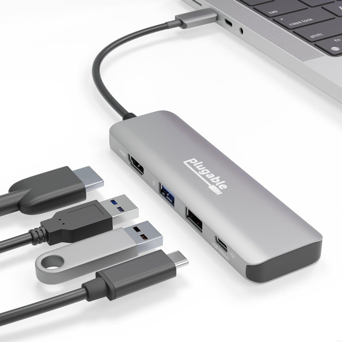 Plugable USB-C 4-in-1 Hub, Multiport Adapter, 100W Pass-Through, 4K 60Hz