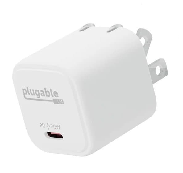 Plugable GAN USB-C Fast Charger, 30W, 20V Output, Foldable, White