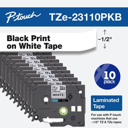 Brother TZE23110PKB Label Tape, Black on White, 1.2 cm × 8 m, 10-Pack