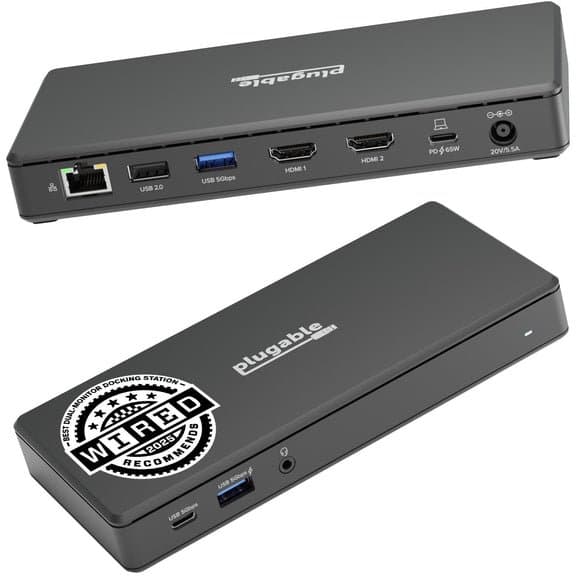 Plugable UD-MSTH2 USB-C Dual HDMI Dock, 65W Power, 4K 60Hz, 1m Cable