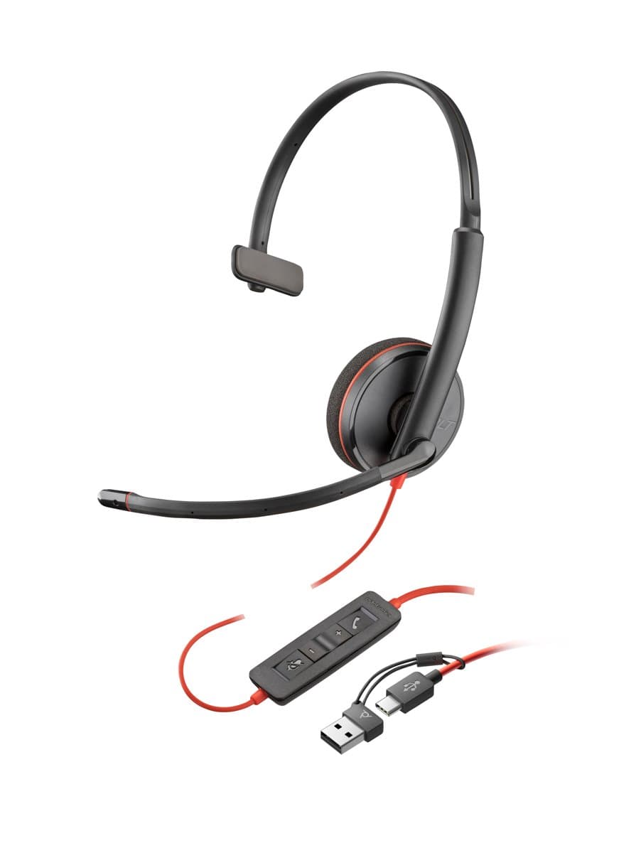 HP Poly Blackwire 3210 Monaural USB-C Headset, Wired, 64g, USB-A Adapter