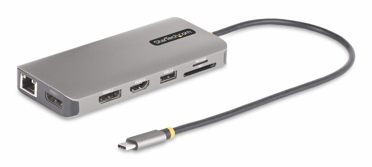 StarTech USB-C Triple-Monitor Dock, 2× DP + 1× HDMI, Dual 4K 60Hz, 4× USB, GbE, SD, 100 W PD