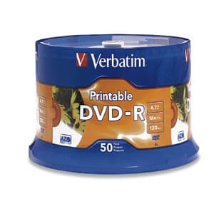 Verbatim 50-Pack Dvd-R 16X 4.7GB White Inkjet Printable Spindle