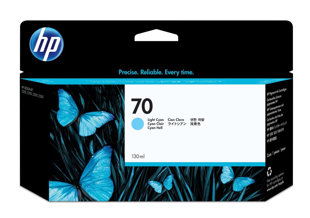 HP 70 Light Cyan Ink Cartridge, 130 ml, Thermal Inkjet, DesignJet Z2100/Z3100/Z3200/Z5200