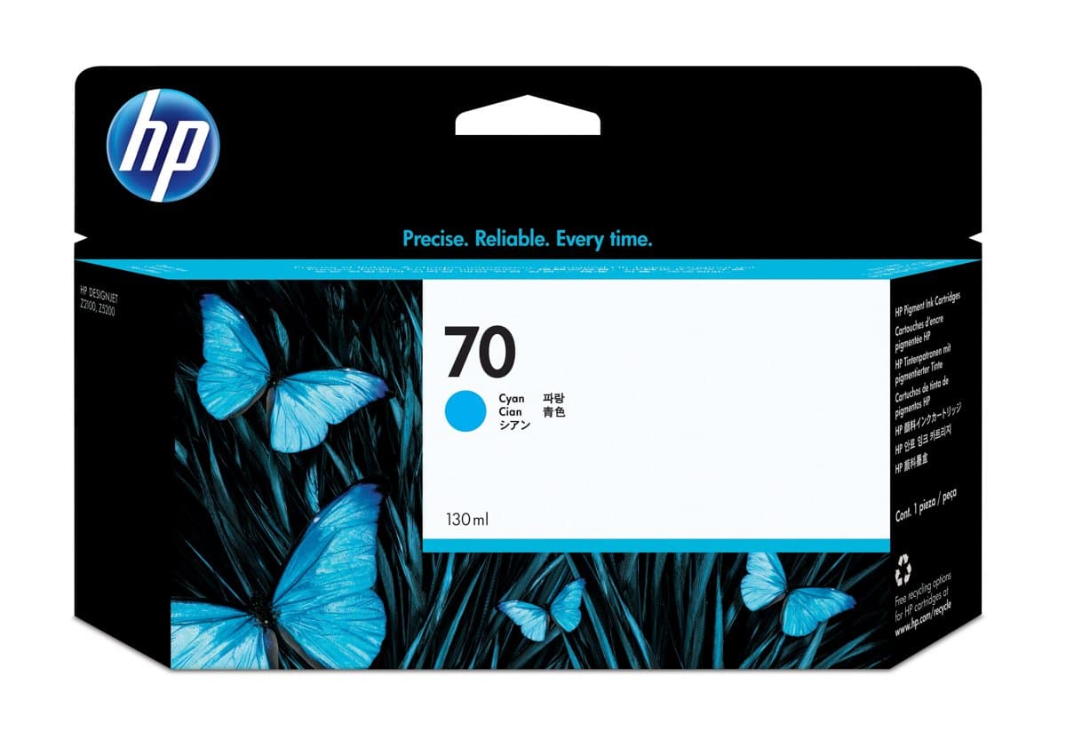 HP 70 Cyan DesignJet Ink Cartridge, 130ml, Thermal Inkjet, Z2100/Z5200