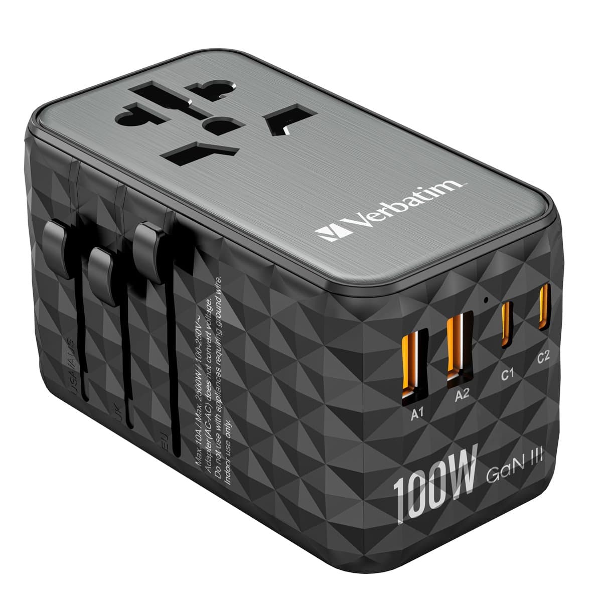 Verbatim UTA-06 100W GaN III Travel Adapter, 2×USB-C PD, 2×USB-A QC, 180+ Countries
