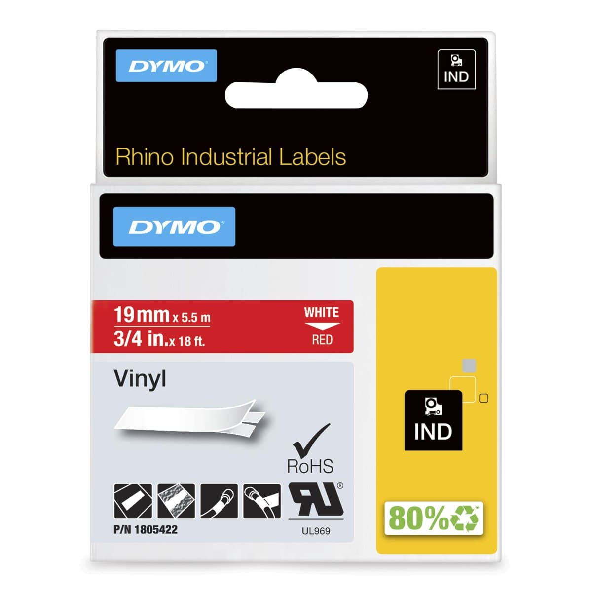 Dymo Rhino Industrial Vinyl Labels, 19 mm × 5.5 m, White on Red, Self-Adhesive