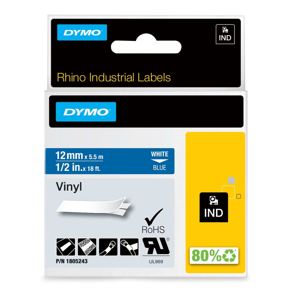 DYMO Rhino Industrial Vinyl Labels, 12mm x 5.5m, White on Blue, Self-Adhesive