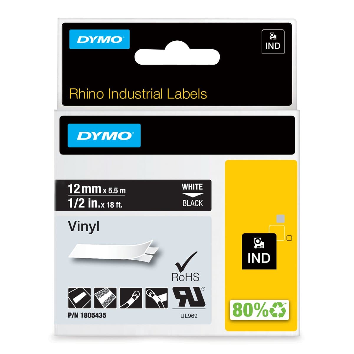DYMO Rhino Industrial Vinyl Labels, 12mm × 5.5m, White on Black, Self-Adhesive
