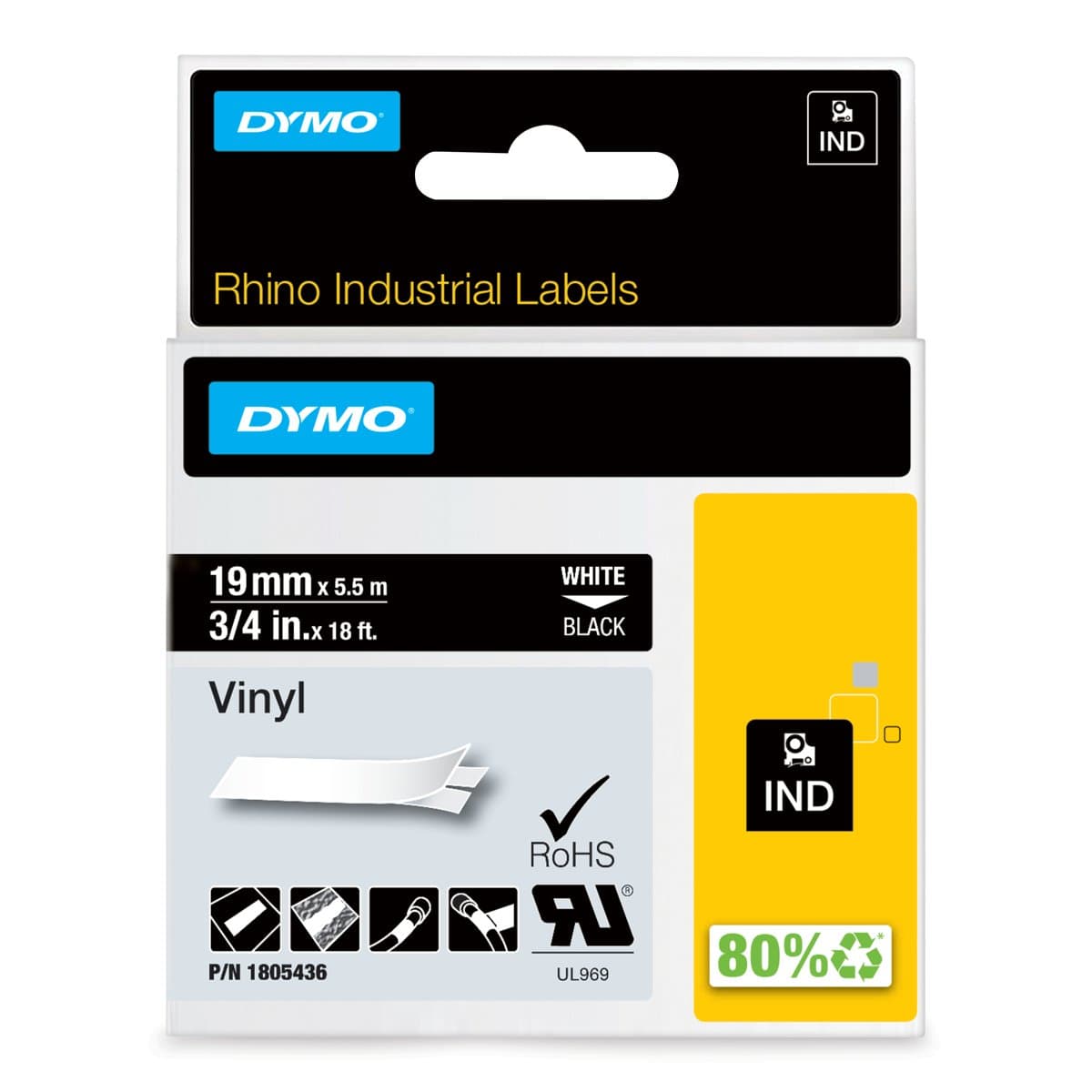 DYMO Rhino Industrial Vinyl Labels, 19mm×5.5m, White on Black, Self-adhesive, -40–80°C