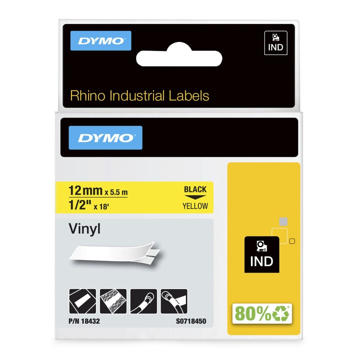 Dymo Rhino Industrial Vinyl Labels, 12mm Black on Yellow, 5.5m, UL 969