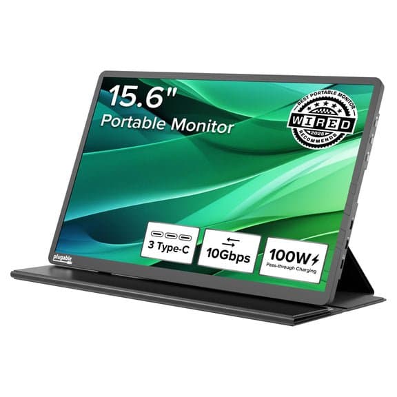 Plugable USB-C Portable Monitor, 15.6" IPS, 1920×1080, 100W Power Delivery