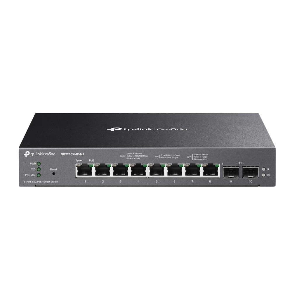 TP-Link Omada SG2210XMP-M2, 8-Port 2.5G PoE+, 2-Port 10GE SFP+, 80 Gbps, Fanless